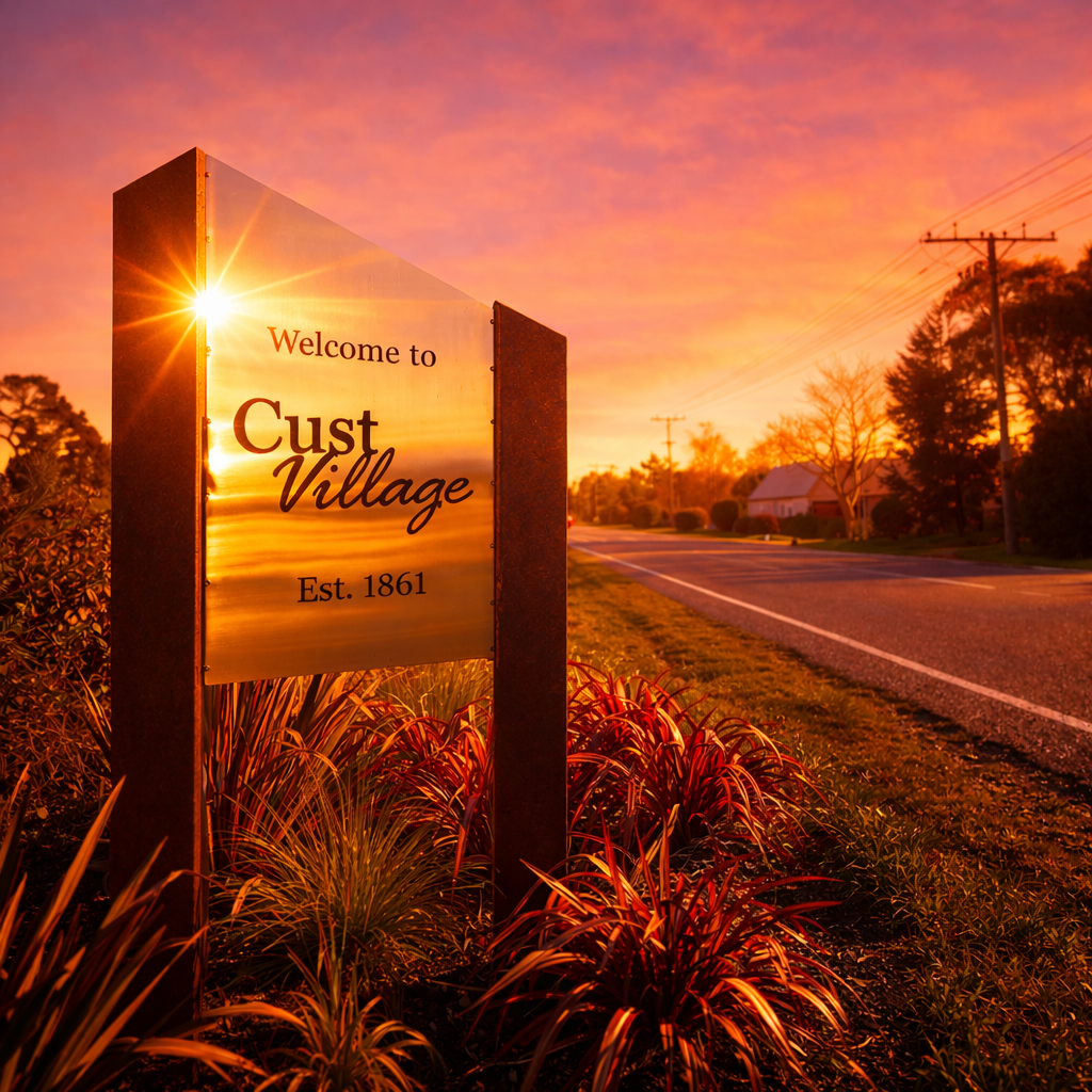 Welcome to Cust Village sign at sunset